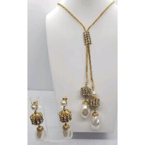 RARE Necklace Earrings Set Vintage 14k Gold Plated Rhinestone Huge Pearl
